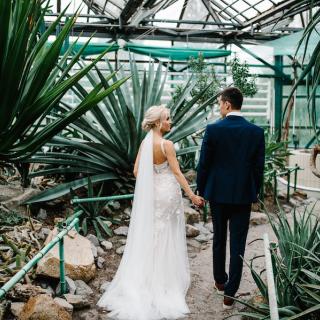 Bride and groom holding hands in a room with green plants